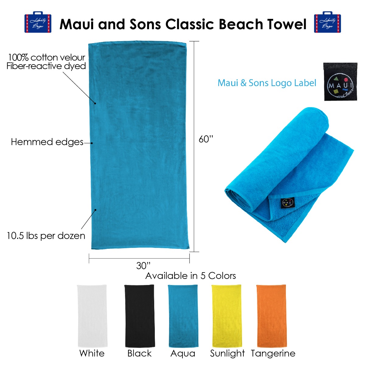 Maui and Sons Surf Company 60" × 30" Palm Trees Shark Beach Towel 